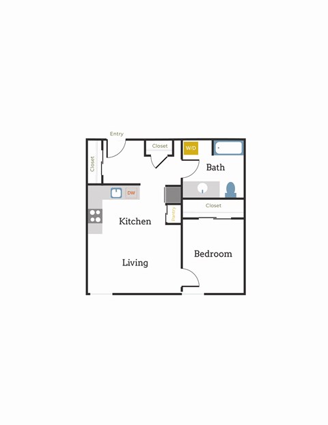 Floor plan for 1 bed, 1 bath, 641 sqft